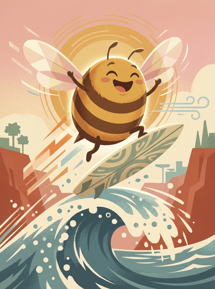 Benson laughing mid-air above a curling wave, sun in a halo behind him