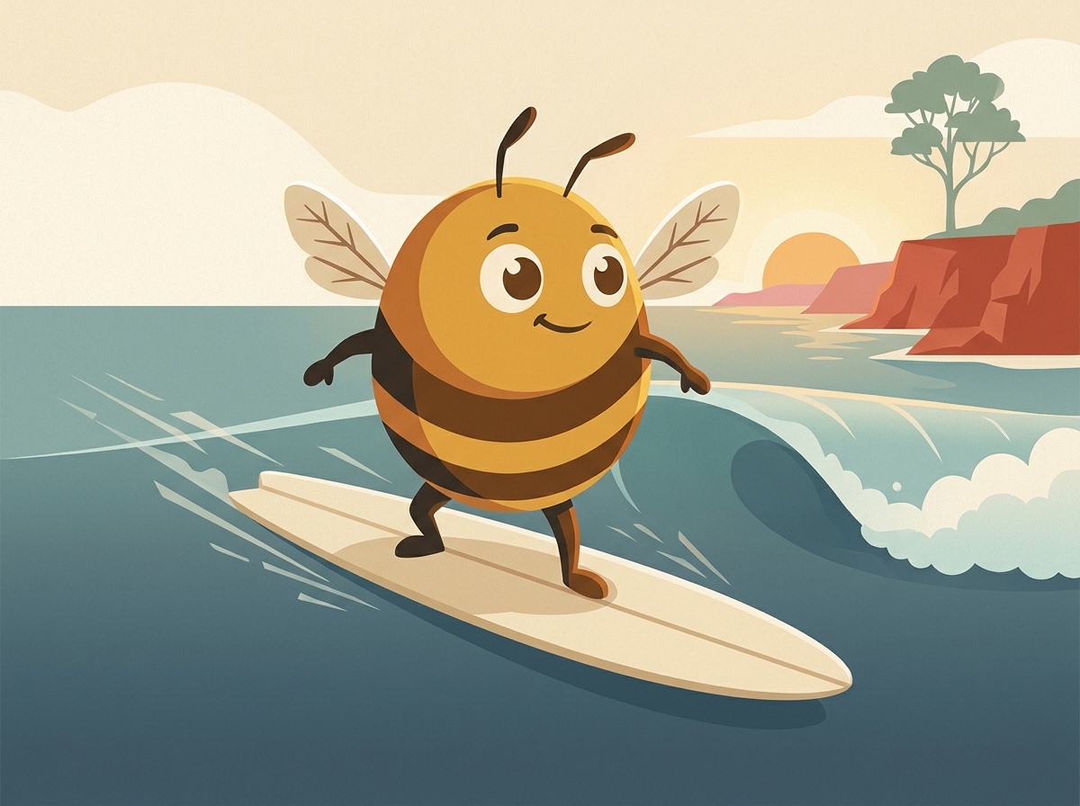 Benson, the company bee, riding a long glassy wave along the Aptos coast at sunset