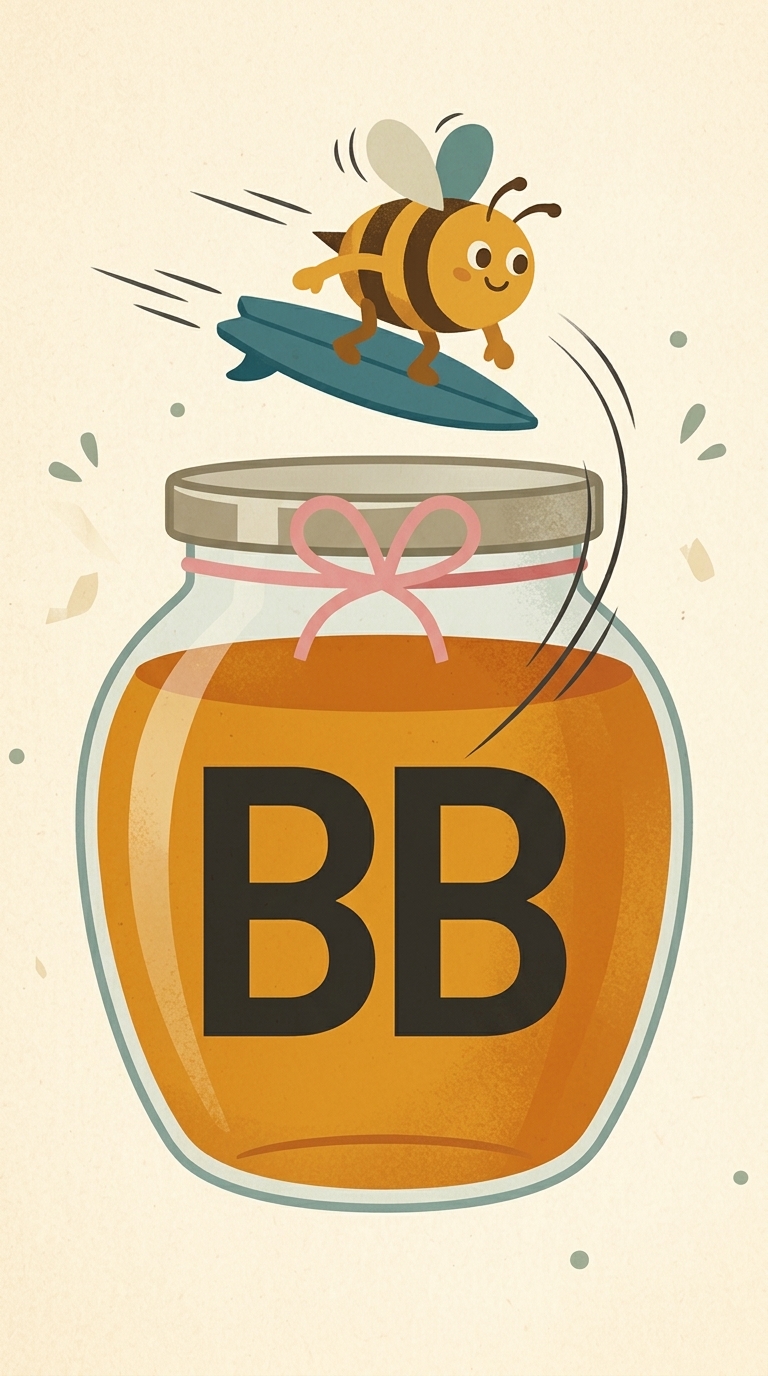 Benson landing his board on the lid of a ribboned Benson's Bees jar